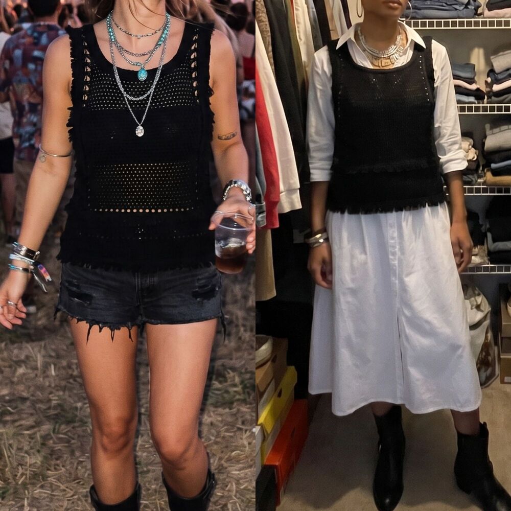 Anthropologie Pepin Boho Baddie Witchcore Crochet & Fringe Sleeveless Tank